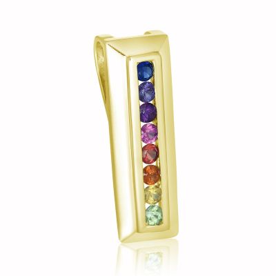 BRIGHTON GAY Bar Pendant Rainbow Sapphire Vertical Gold Pendant - Round Cut Unicorn Gemstones 1.2 Carat Rectangle Necklace