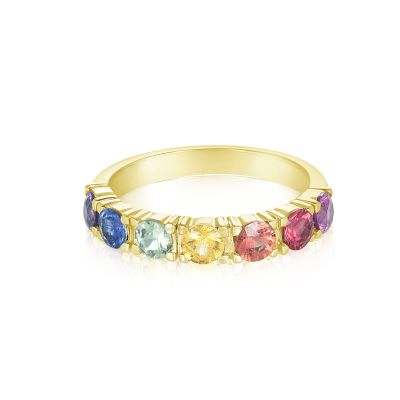 QUEENS NONBINARY Valentine's Romantic Gold Ring Big Sapphires 3.5mm Intense Rainbow in 14K Solid Gold Band Promise Gift for FIANCEE
