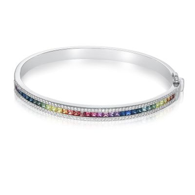 STOCKHOLM GAY Pride Bangle Rainbow Sapphire & Simulated Diamond Border Gemstone Unicorn Bracelet in Silver Nonbinary Jewelry