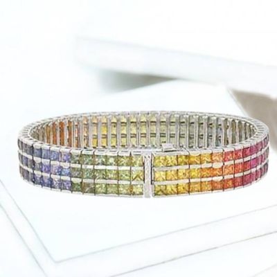 30 Carat Rainbow Sapphire Tripple Row Channel Set Tennis Bracelet 18K Gold by Equalli.com