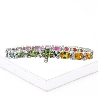 15.5 carat Rainbow Sapphire & Diamond Tennis Bracelet 14K and 18K White Gold   by Equalli.com