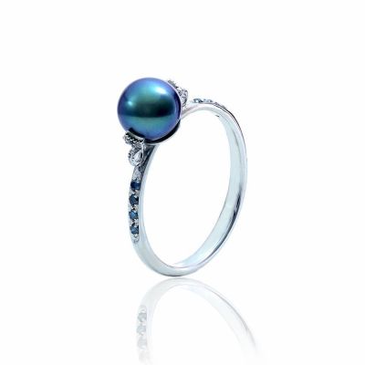 NOELLE TAHITIAN PEARL & BLUE DIAMOND RING IN 14K GOLD by EQUALLI.com