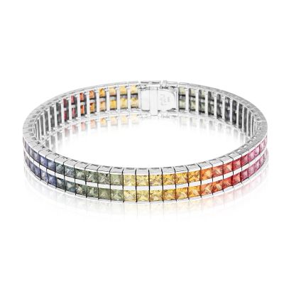 20 CARATS STACKABLE SAPPHIRE BRACELET PRINCESS CUT 2.8MM DOUBLE RAINBOW IN STERLING SILVER
