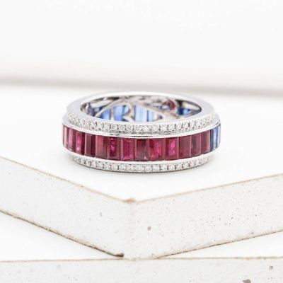 RUBY, SAPPHIRE AND & DIAMOND DAY & NIGHT RING IN 18K WHITE GOLD - RING SIZE 8 by EQUALLI.COM