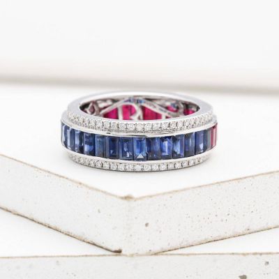 RUBY, SAPPHIRE AND & DIAMOND DAY & NIGHT RING IN 18K WHITE GOLD - RING SIZE 8 by EQUALLI.COM