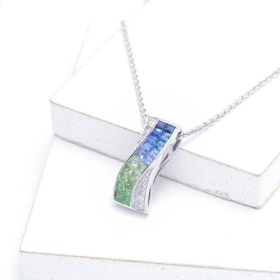 Blue Sapphire, Tsavorite Green Garnet & Diamond Curved Pendant 18K Gold (2.54ct tw) by Rainbowsapphirejewelers.com
