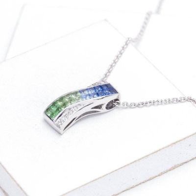 Blue Sapphire, Tsavorite Green Garnet & Diamond Curved Pendant 18K Gold (2.54ct tw) by Rainbowsapphirejewelers.com