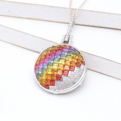 Rainbow Sapphire & Diamond Round Pendant 14K or 18K Gold (9.17ct tw) by Rainbowsapphirejewelers.com