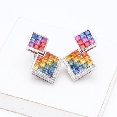Rainbow Sapphire Double Square & Diamond 18K Gold Earrings (4.40ct tw)