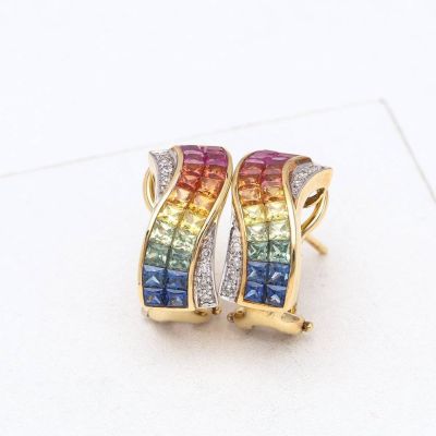 Rainbow Sapphire & Diamond 18K Gold Earrings (5.06ct tw)