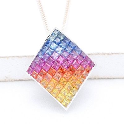 Rainbow Sapphire Curved Diamond Shape Pendant 18K Gold (2.64ct tw) by Rainbowsapphirejewelers.com