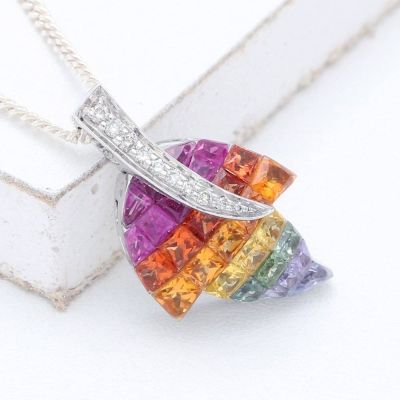 Rainbow Sapphire & Diamond Maple Leaf Pendant 18K Gold (3.66ct tw)