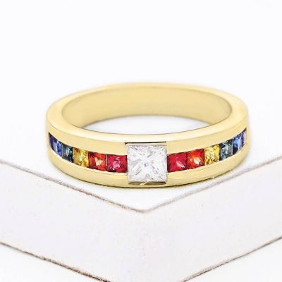 LAS VEGAS RAINBOW SAPPHIRE COMFORT FIT RING IN 14K GOLD by EQUALLI.COM