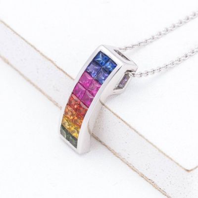 Rainbow Sapphire Curved Rectangle Pendant 14K Gold (2.27ct tw) by Rainbowsapphirejewelers.com
