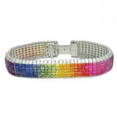 65 CARAT Rainbow Sapphire & Diamond Invisible Set 5 Row Tennis Bracelet 18K Gold by Equalli.com