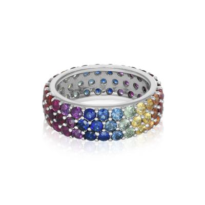 HILTON RING 5 Carat Rainbow Sapphire 3 Row 925 Sterling Silver Eternity Band Ring