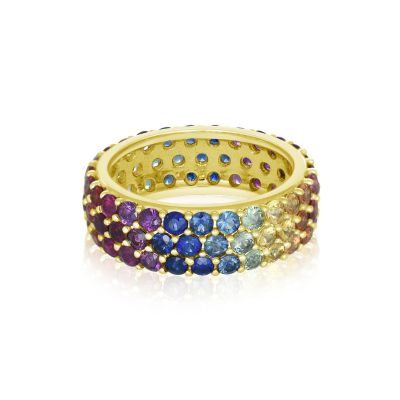 HILTON RING 5 Carat 14K or 18K Gold Rainbow Sapphire 3 Row Eternity Band Ring in White Gold, Yellow Gold or Rose Gold