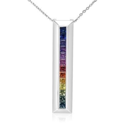 BRUSSELS PRIDE Rainbow Pendant Natural Sapphire Necklace in Silver 2.8mm Princess Cut Top Quality Agender Necklace
