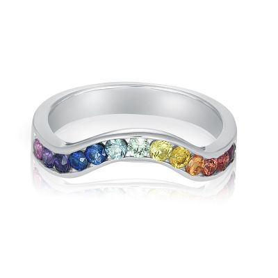 CHEVRON Silver Unicorn Ring Rainbow Sapphire 2.0mm 1 carat Non-conforming Wedding Ring SKU: R023Am-925