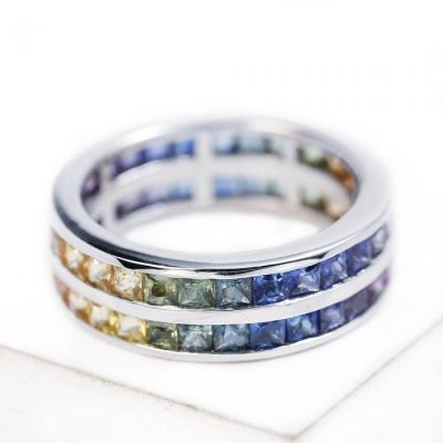 DOUBLE NEW YORK Silver Rainbow Asexual GAY Sapphire Same-Sex Wedding Engagement Ring
