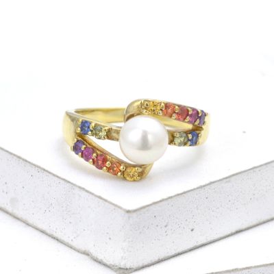 RAINBOW SAPPHIRE & PEARL 14K YELLOW GOLD RING SIZE 7 US-14K Yellow Gold by Equalli.com