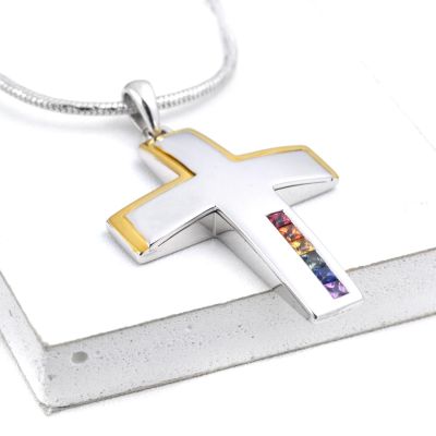 14K Two Tone Gold Rainbow Sapphire Crucifix with Engraving GOD = LOVE BY EQUALLI.COM