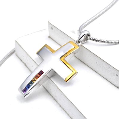 14K Two Tone Gold Rainbow Sapphire Crucifix with Engraving GOD = LOVE BY EQUALLI.COM