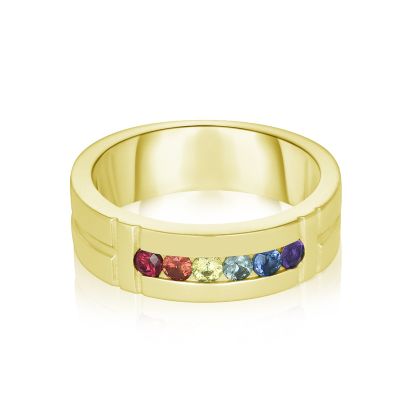 AMSTERDAM RING 14K Gold 6mm Wide Comfort Band Rainbow Sapphire White, Yellow, Rose Gold