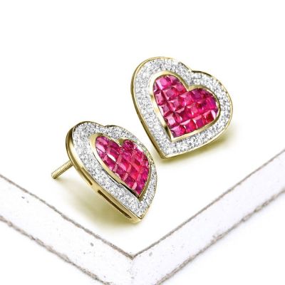 KRISELLE RUBY INVISIBLE SET & DIAMOND HEART EARRING IN 14K GOLD by EQUALLI.COM