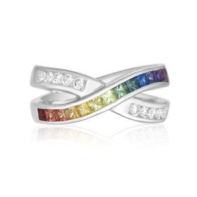 MARYLAND Agender Pride Rainbow Crossover Band Sapphire & CZ in Sterling Silver