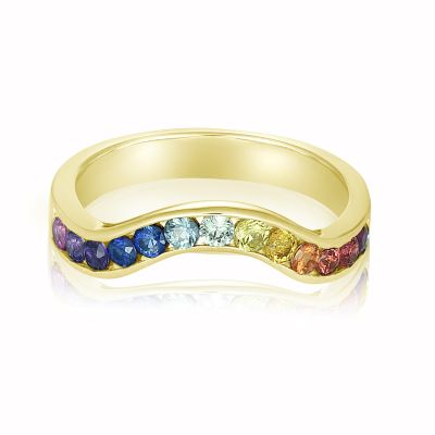 Gold Tides Asexual Anniversary Band 14K Gold SameSex Engagement Wedding Ring Rainbow Sapphire 2.0mm 1 carat Celebrate Pride