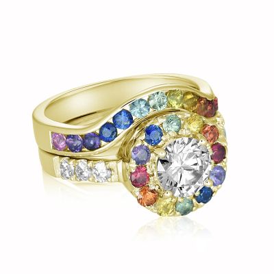 MARDI GRAS Lesbian Wedding Set 14K Gold Ring Rainbow Sapphire, Simulated | Natural Diamond | Moissanite Gemstone Bridal Set