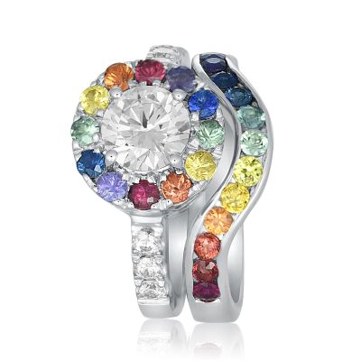 MARDI GRAS Silver Glam LGBTQ Wedding Set Rainbow Sapphire, Simulated | Natural Diamond Accent | Moissanite Gemstone