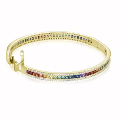 COPACABANA ASEXUAL Gold Hinge Stack Bangle Diamond Border & Sapphire Gemstone 14K Bracelet for Pride Parade