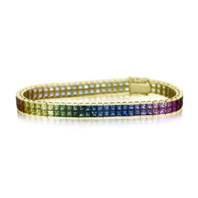 SENTIMENTAL APPRECIATION  GIFT 25 CARAT DOUBLE ROW INVISIBLE SET RAINBOW SAPPHIRE BRACELET IN 18K GOLD