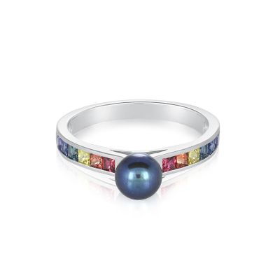Blue Pearl Ring 6mm Tahitian Pearl Centre Pride sapphire Band 1 Carat Holiday Ring in Silver