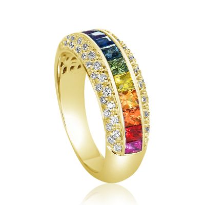 MADELYN DIAMOND WEDDING BAND RAINBOW SAPPHIRE RING IN SOLID GOLD