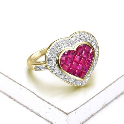 KRISELLE RUBY INVISIBLE SET & DIAMOND HEART RING IN 14K GOLD by EQUALLI.COM