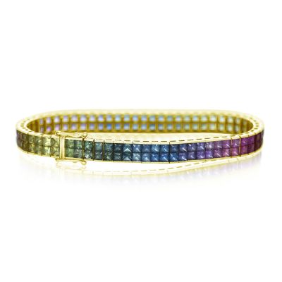 25 CARAT Double Row Invisible Set Rainbow Sapphire Bracelet IN14K GOLD  by Equalli.com
