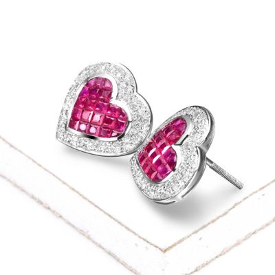 KRISELLE RUBY INVISIBLE SET & DIAMOND HEART EARRING IN 14K GOLD by EQUALLI.COM