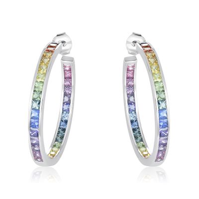 CHATTANOOGA Asexual Earrings Rainbow Sapphire 8 Carats Unicorn Color NonBinary Jewelry For Gay Bestfriend in Silver Hoop Earrings